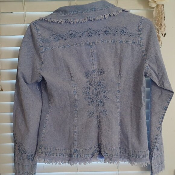 Giocam Women’s Large Denim Embroidered Jacket Boho Frayed Hem Blazer Cottagecore - Picture 9 of 10